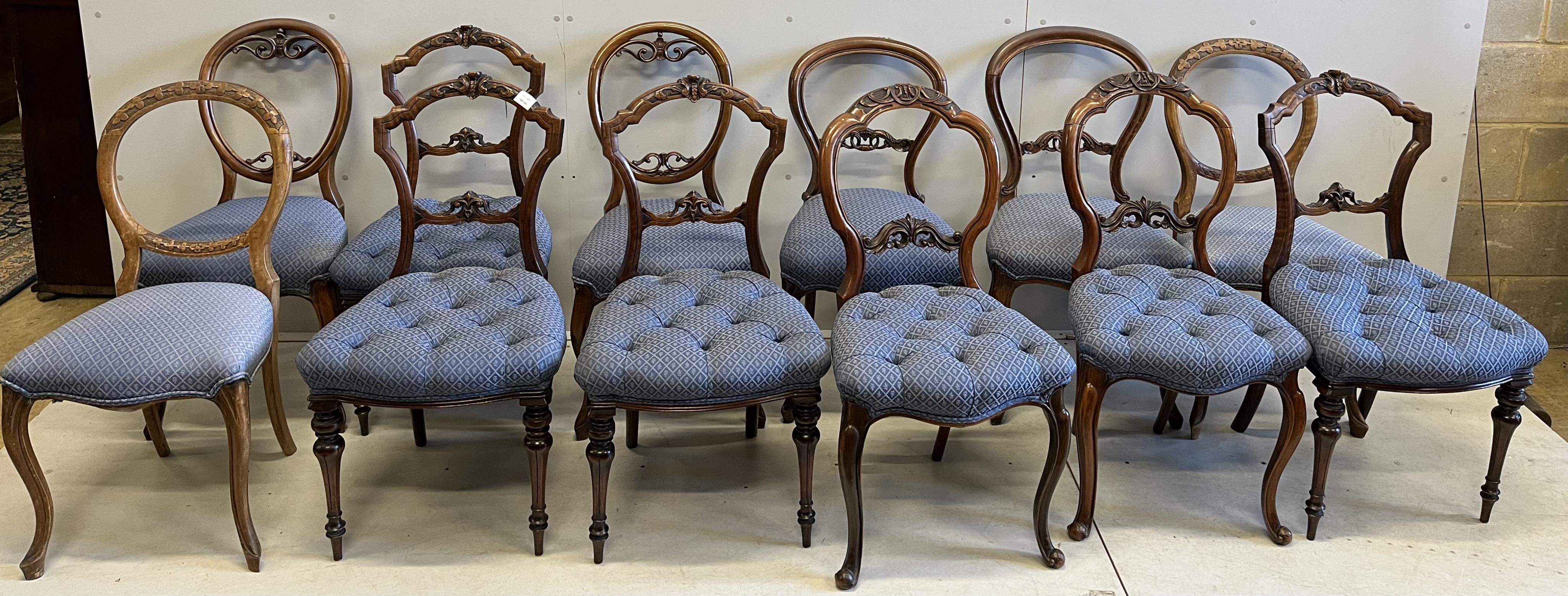 A harlequin set of twelve Victorian mahogany balloon back dining chairs, width 48cm, depth 44cm, height 88cm